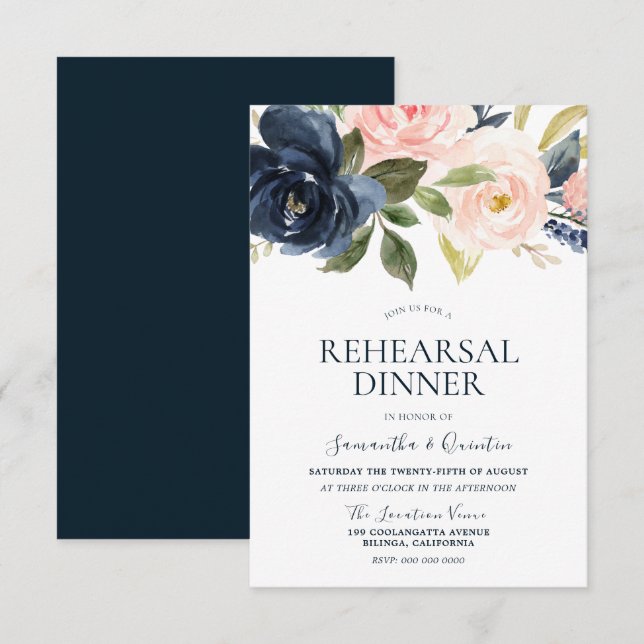 Invitation Dîner de répétition floral aquarelle bleu marine e (Devant / Derrière)