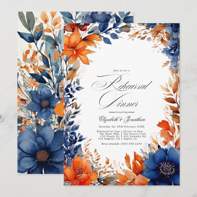 Invitation Dîner de répétition floral aquarelle bleu marine e (Devant / Derrière)