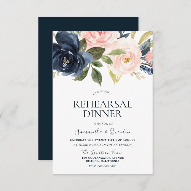 Invitation Dîner de répétition floral aquarelle bleu marine r (Devant / Derrière)