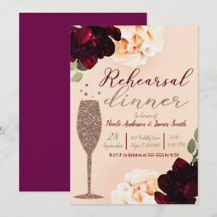 Invitation Dîner de répétition floral au champagne, pêche et 