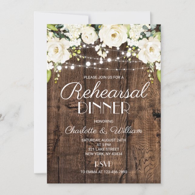 Invitation Dîner de répétition floral blanc en bois rustique (Devant)