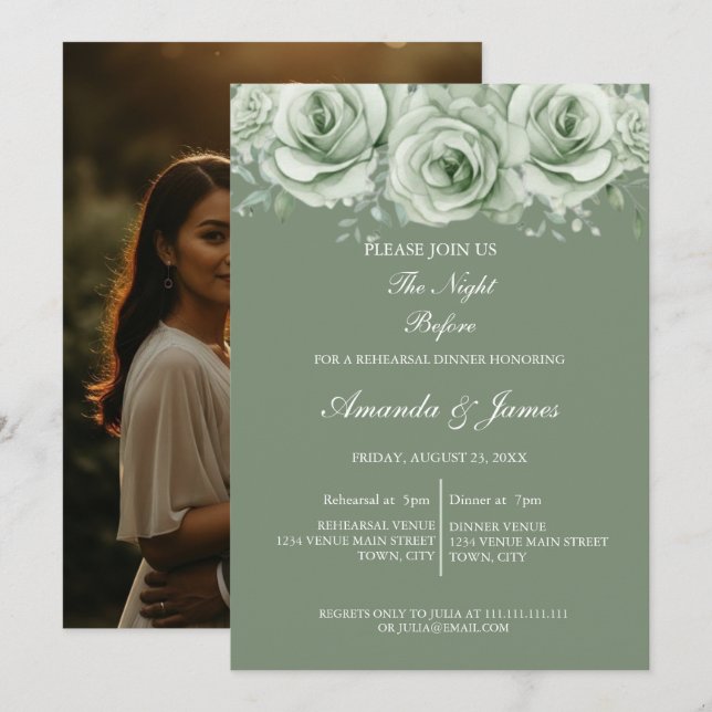 Invitation Dîner de répétition floral blanc et vert sauge (Devant / Derrière)