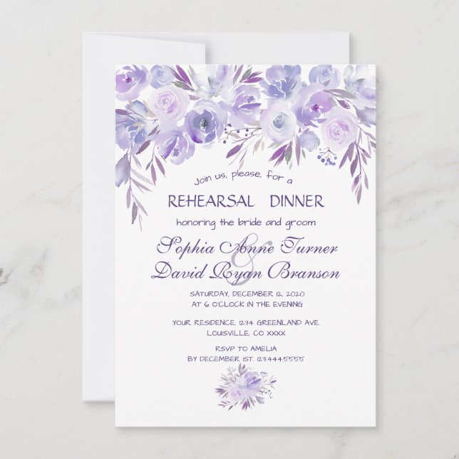 Invitation Dîner de répétition Floral bleu clair violet (Devant)