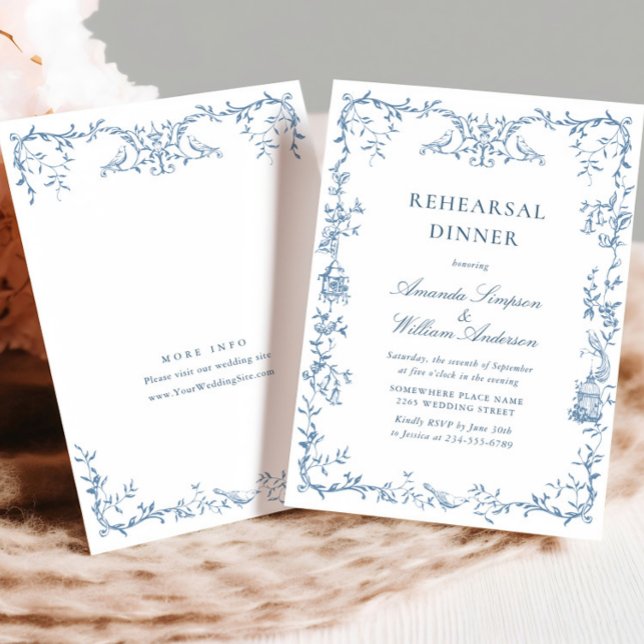 Invitation Dîner de répétition Floral Bleu de Victoria (Créateur téléchargé)