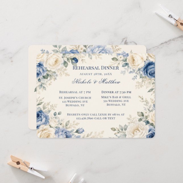 Invitation Dîner de répétition floral bleu et crème (Devant/Arrière en situation)