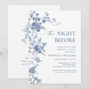 Invitation Dîner de répétition floral bleu victorien français