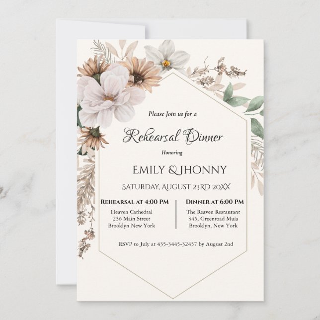 Invitation Dîner de répétition floral bohème rustique (Devant)