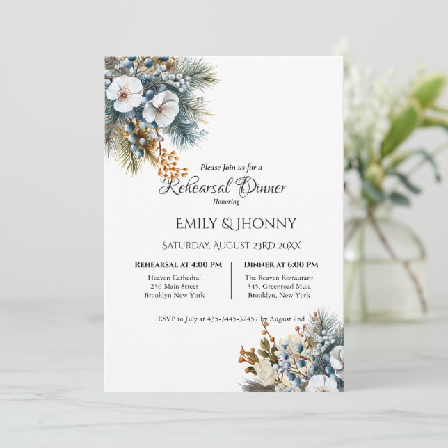 Invitation Dîner de répétition floral boho bleu hivernal (Debout devant)
