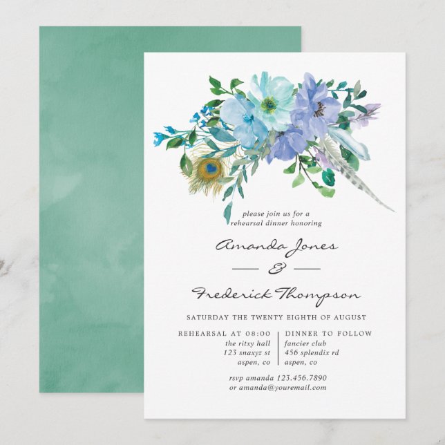 Invitation Dîner de répétition floral boho menthe et bleu (Devant / Derrière)