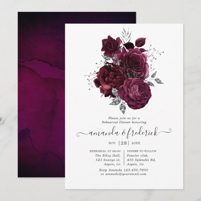 Invitation Dîner de répétition floral bordeaux et argent (Devant / Derrière)