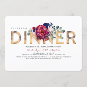 Invitation Dîner de répétition Floral Burgundy Red et Navy Bl