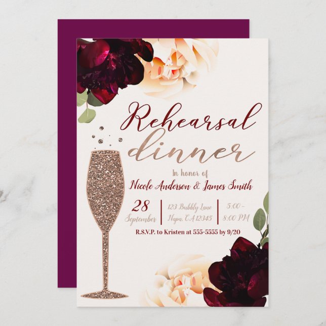 Invitation Dîner de répétition Floral Champagne Rose Gold (Devant / Derrière)