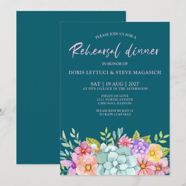Invitation Dîner de répétition floral coloré sarcelle (Devant / Derrière)