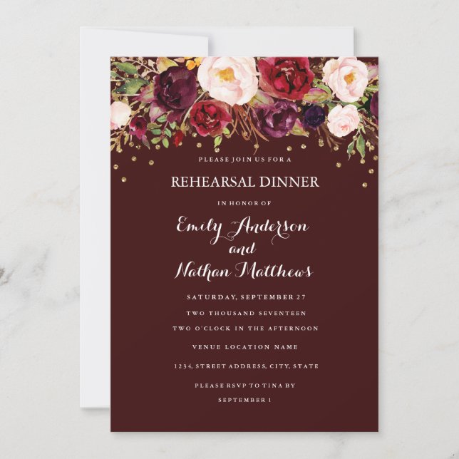 Invitation Dîner de répétition floral confetti or de Bourgogn (Devant)