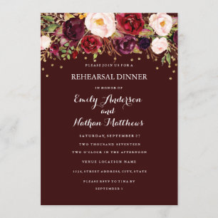 Invitation Dîner de répétition floral confetti or de Bourgogn
