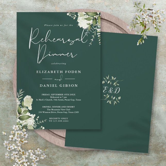 Invitation Dîner de répétition floral de verdure émeraude (Greenery Floral Emerald Rehearsal Dinner Invitation)
