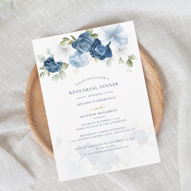 Invitation Dîner de répétition Floral Dusty Blue Mariage (Dusty Blue Watercolor Floral Wedding Rehearsal Dinner Invitation)