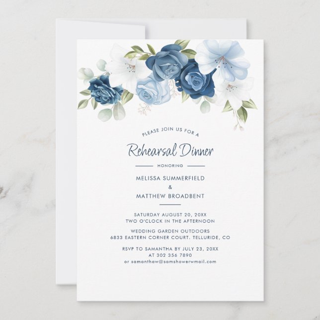 Invitation Dîner de répétition Floral Dusty Blue Mariage (Devant)