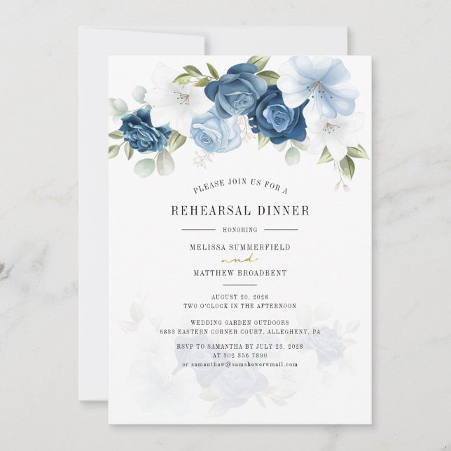 Invitation Dîner de répétition Floral Dusty Blue Watercolor (Devant)