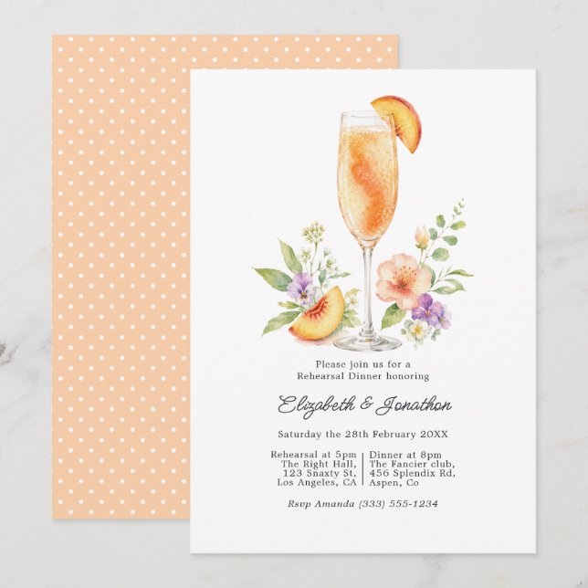 Invitation Dîner de répétition floral élégant Bellini pêche (Devant / Derrière)