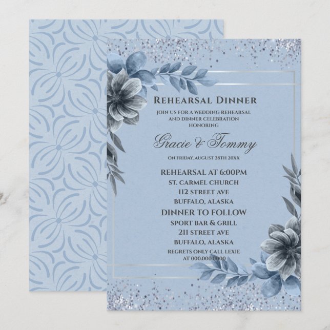 Invitation Dîner de répétition Floral en argent Dusty (Devant / Derrière)