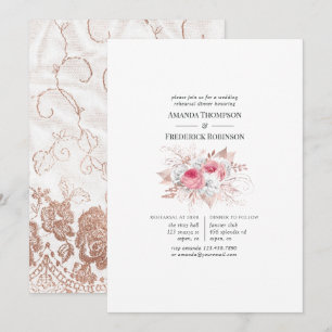 Invitation Dîner de répétition floral et dentelle rose et or