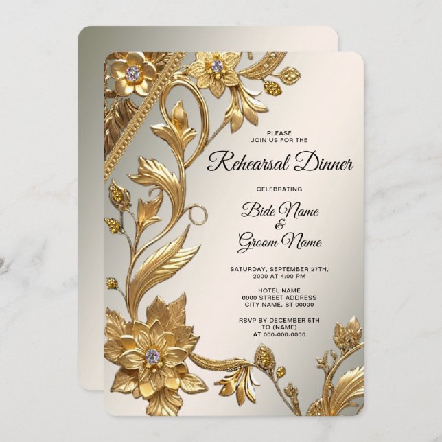 Invitation Dîner de répétition Floral Feuille Golden Wavy (Devant / Derrière)