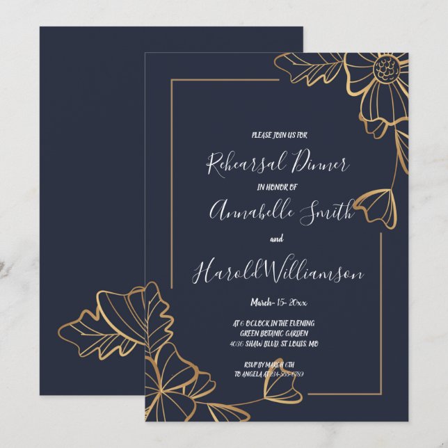 Invitation Dîner de répétition floral marine et doré (Devant / Derrière)
