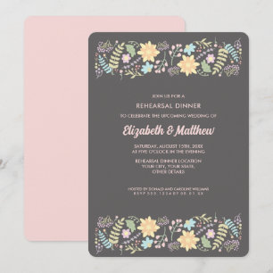 Invitation Dîner de répétition floral moderne gris rose
