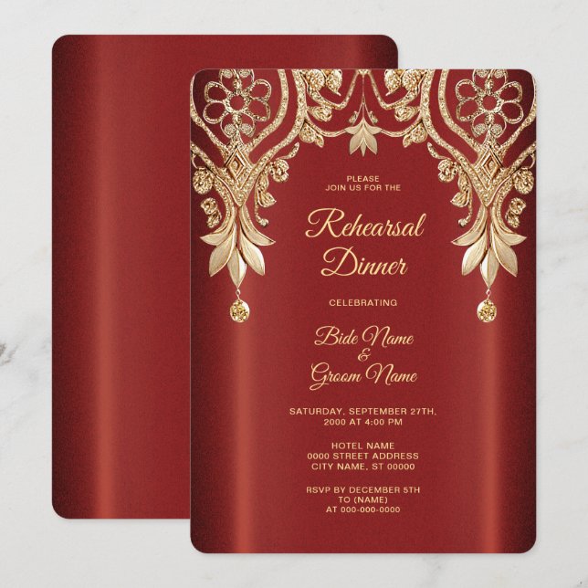 Invitation Dîner de répétition floral moderne or et rouge (Devant / Derrière)