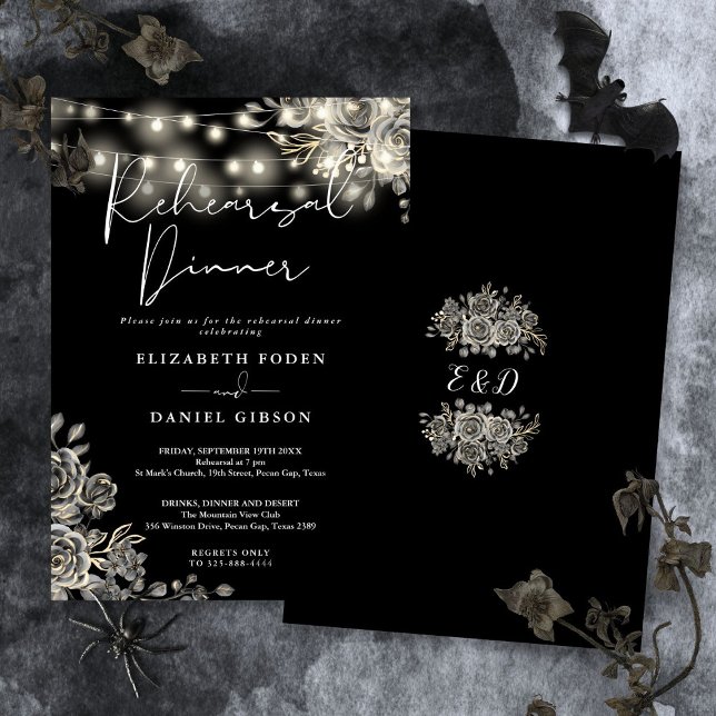 Invitation Dîner de répétition floral noir gothique (Gothic Black Floral Lights Rehearsal Dinner Invitation)