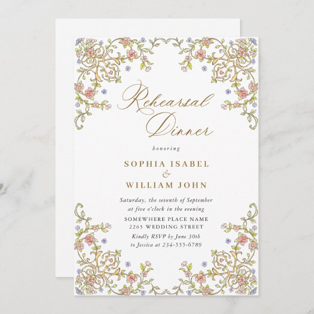 Invitation Dîner de répétition Floral Ornate de Victoria (Devant / Derrière)