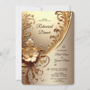 Invitation Dîner de répétition floral orné doré