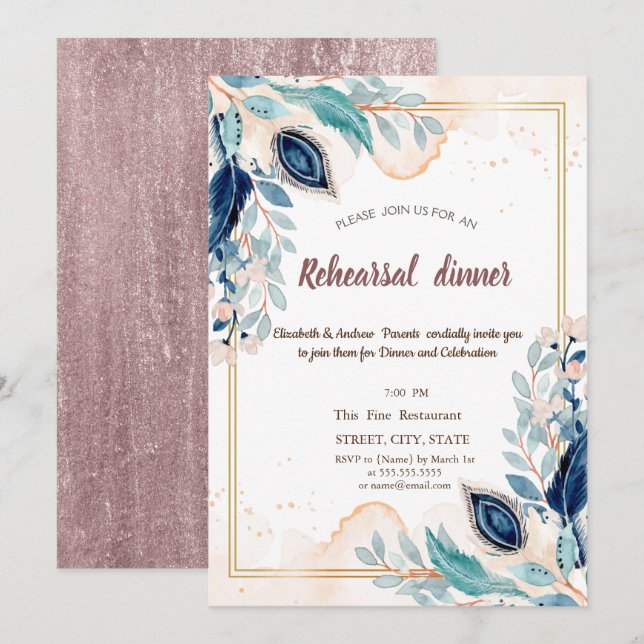 Invitation Dîner de répétition floral paon aquarelle (Devant / Derrière)
