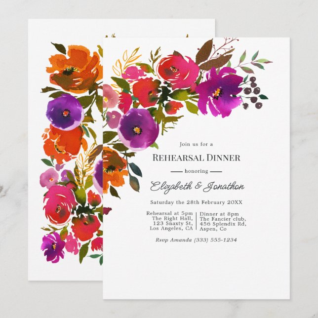 Invitation Dîner de répétition floral pourpre et orange (Devant / Derrière)