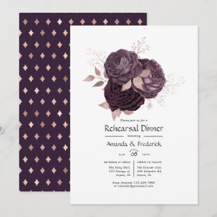 Invitation Dîner de répétition floral pourpre foncé et or ros