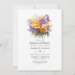 Invitation Dîner de répétition floral pourpre, orange et jaun