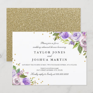 Invitation Dîner de répétition Floral Purple Gold Sparkle Inv
