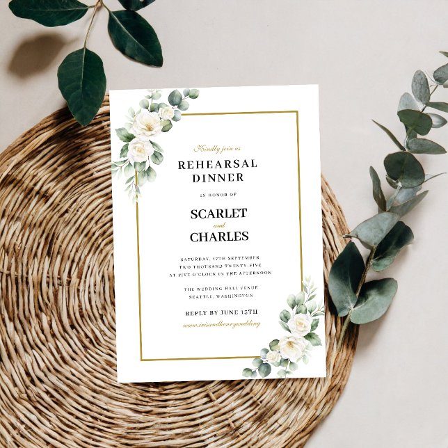Invitation Dîner de répétition floral Rose Blanche Eucalyptus (Eucalyptus white rose rehearsal dinner invitation sets a warm tone for your celebration.)