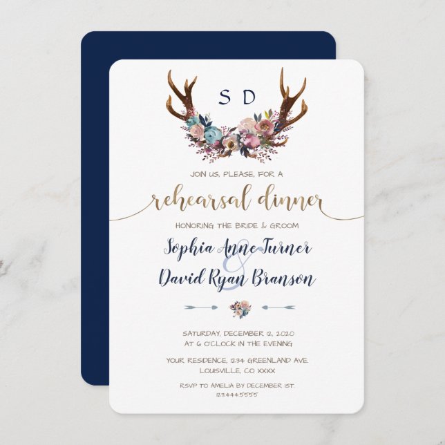 Invitation Dîner de répétition Floral rose bleu Antlers (Devant / Derrière)