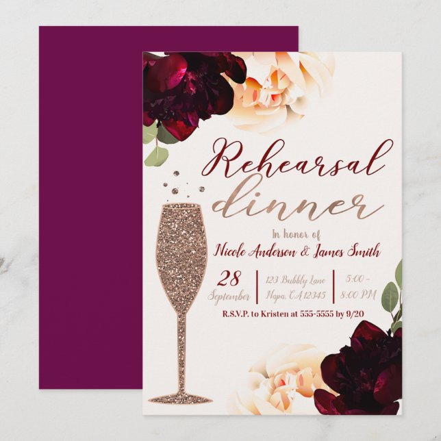 Invitation Dîner de répétition floral rose champagne doré (Devant / Derrière)