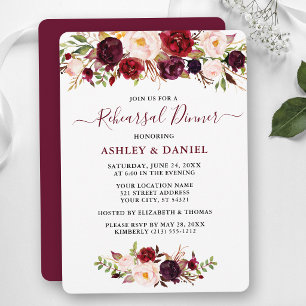 Invitation Dîner de répétition floral rose de Bourgogne aquar