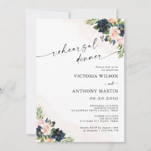 Invitation Dîner de répétition floral rose et bleu marine