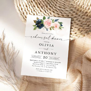 Invitation Dîner de répétition floral rose et bleu marine