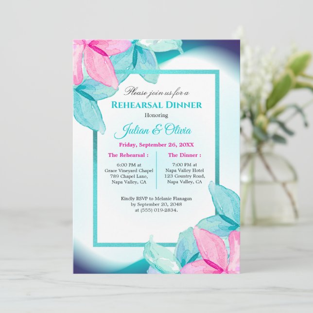 Invitation Dîner de répétition floral rose et sarcelle modern (Debout devant)