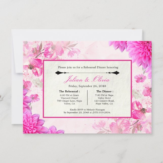 Invitation Dîner de répétition floral rose fuchsia vibrant (Devant)