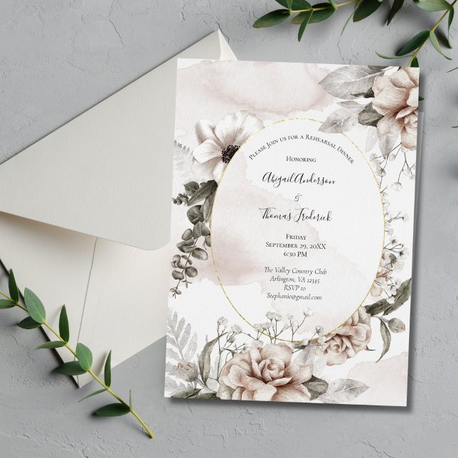 Invitation Dîner de répétition floral rose gris rose (Blush Pink Gray Floral Elegant Wedding Rehearsal Dinner Invitation)