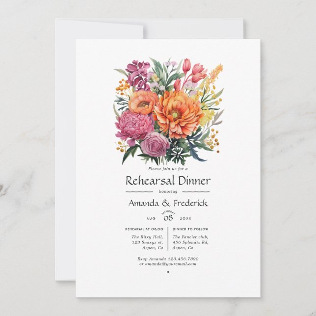 Invitation Dîner de répétition floral rose, orange et vert (Devant)