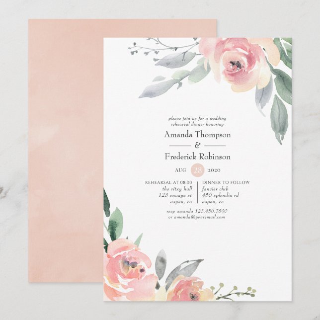 Invitation Dîner de répétition floral rose pastel (Devant / Derrière)