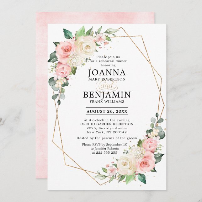 Invitation Dîner de répétition Floral Rose rose pastel (Devant / Derrière)